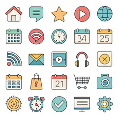 Collection of Colorful App Icons: A vibrant collection of flat design app icons representing various functions and features, perfect for web design or app development.