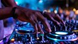 © BJSaha - Captivating DJ Experience: Hands in Motion Mixing Music on Professional Turntable under Neon Lights at Vibrant Nightclub Party Creating Hypnotic Beats.