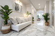 © Jack - Modern home entryway. White walls, marble floor, sofa with pillows. Decorative plants, artwork. Hallway leads to bedroom. Stylish, luxury apartment interior with modern design, natural light.