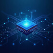 © mochammad - Abstract digital illustration of a microchip with glowing connections on a dark blue background.