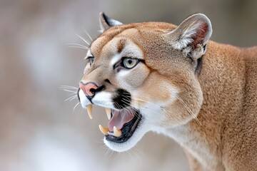 Wall Mural - cougar showing teeth and growling in winter scenery