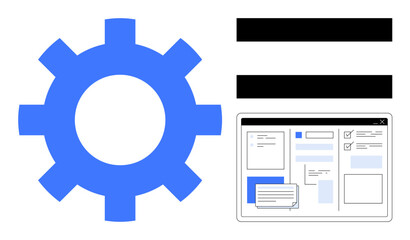 Blue gear, parallel bars, and a stylized web interface representing settings, functionality, automation, and user interface. Ideal for technology, IT, innovation websites software business