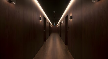 Wooden panels line an architectural corridor isolated on white background.