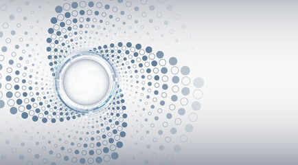 Background with a circle and an abstract digital pattern of dots forming a spiral. Modern design in gray and blue tones, symbolizing technology and automation. For high-tech presentations, banners.