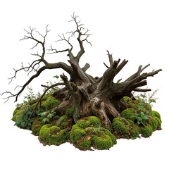 An ancient tree s weathered wisdom shows through its bare branches resting gently upon vibrant on transparent background