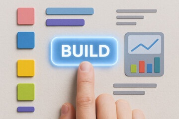 A pressing a glowing button on a textured interface symbolizes development and strategic growth within a business context