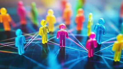 Wall Mural - colorful plastic figurines representing diverse people connected by lines on a dark background, symb