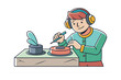 © FARHANA - A person wearing headphones engages in a creative craft while listening to music represented by a sound wave