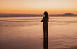 © kegfire - A serene moment captured at the beach with a lone figure gazing at the ocean during a beautiful sunset. The tranquil scene evokes relaxation and contemplation.
