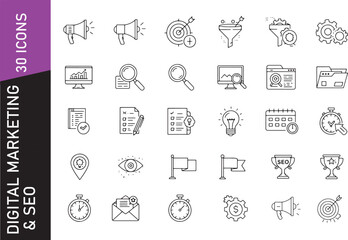 vector icons for seo optimization, content marketing, and online advertising strategy