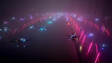 Wall Mural - many drones flying at night with colorful lights creating a beautiful light show with laser beams of