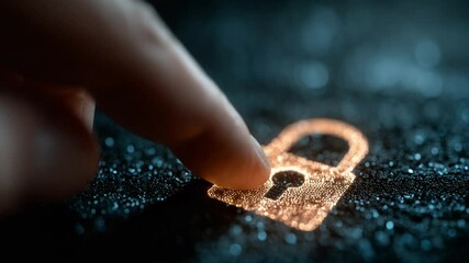 Glowing padlock with a fingertip about to touch it, indicating security. A dark, bokeh background