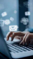 Wall Mural - close up of office worker hands typing on laptop keyboard with digital email icons flying around, re