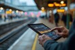 © aletia2011 - Person using a tablet with graphs at a innovative train station , showcasing real - time data analysis on the move .