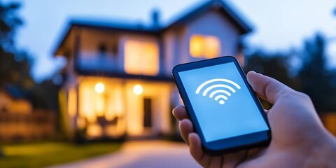 Wall Mural - Smart home concept with connected house and smartphone with wifi signal in yard