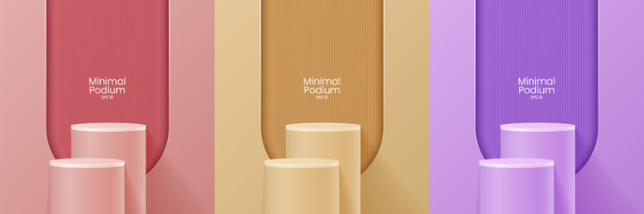Wall Mural - Abstract minimal scene. Minimal podium with soft material base. Soft podium stages and product showcase platform with covers and golden in round and square shape. 
