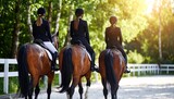 Three horsewomen wearing ride elegant horses along a scenic trail at the equestrian center on a bright summer day - capturing grace, safety, and horse gait walk training