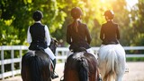 Three horsewomen wearing ride elegant horses along a scenic trail at the equestrian center on a bright summer day - capturing grace, safety, and horse gait walk training