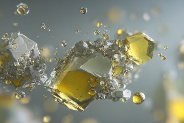 Canvas Print - bright yellow and gray crystalline structures with bubbles in abstract formation