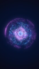 Poster - glowing particle sphere with cosmic energy radiating in violet and blue hues on a dark background