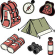 © Zayan - Camping gear illustration presents backpack, tent, compass, binoculars, sleeping bag, and fuel tank for outdoor adventures.