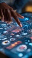 Wall Mural - close up of african american software developer analyzing holographic futuristic big data graphs and