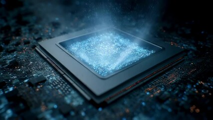 Wall Mural - quantum processor emitting glowing particles, symbolizing advanced computing and innovation on a com