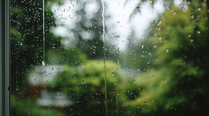 Wall Mural - A soft rain falls on a windowpane, with blurred green trees in the background