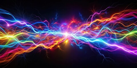 Wall Mural - abstract colorful energy streams collision, vibrant plasma waves intertwining in a dark background