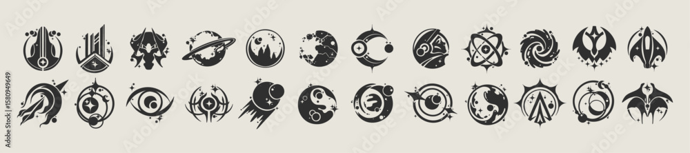 Retro futuristic space icon set, vector cyber sci-fi planet alien starship silhouette collection. Modern y2k galaxy star t-shirt print, trendy globe shape design, acid techno decor. Futuristic icon