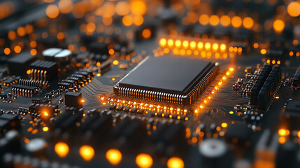 close-up of a microchip on a circuit board, showcasing illuminated connections and intricate details