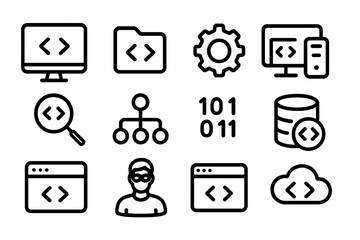 Minimalist icons for coding and technology: clean black linear design