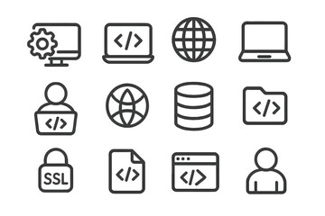 Outline icons for web development and cybersecurity themes