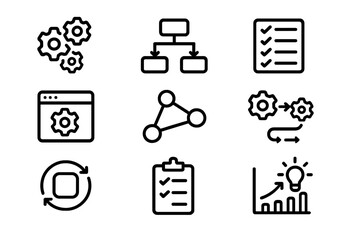 Set of black linear business and technology icons on dark background