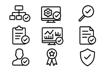 Business icons set with charts and checkmarks in minimalistic style