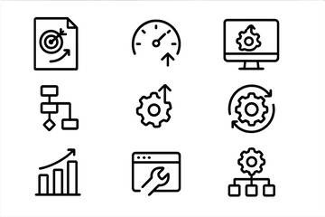 Linear icon set of business strategy and automation tools on gradient background