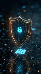 Wall Mural - glowing digital shield with padlock icon hovers above complex circuit board, symbolizing robust cybe