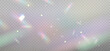 © LanaSham - Colorful lenses and light flares with transparent effects. Iridescent crystal leak glare reflection overlay effect. Optical rainbow lights, glare, leak. Vector sparkle falling confetti.