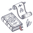 © Hamza - Illustration of a spellbook with a pentagram symbol a scroll and a feather in a outlined style