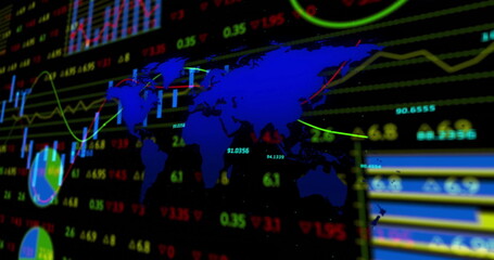 Wall Mural - Displaying blue world map silhouette overlaying market data on dashboard, with colored line graphs