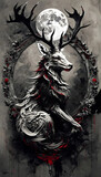 fantastico cervo dalle corna intricate con luna piena sullo sfondo e fronde di foglie colorate, fantastic deer with intricate antlers with a full moon in the background and colorful foliage