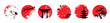 © Logvin art - Hand drawn brush red sun with  japanese decorative design elements. Red grunge japanese flag circle stamp set. Ground asian rough icon element pack. Vector textured shapes