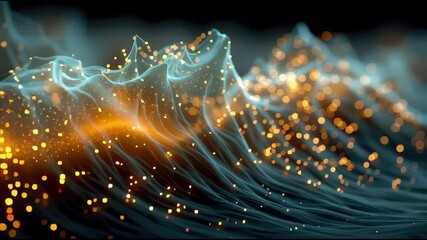 Poster - abstract glowing energy waves with golden particles flowing smoothly in a surreal fluid motion acros