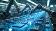 © Alex Pios - Multiple robotic arms work on a futuristic assembly line manufacturing microchips in a bright factory.