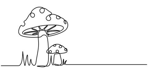 Continuous one line drawing of mushroom. Vector illustration, Mushroom continuous one line drawing of outline vector minimalist linear illustration, One line Champignon vector background. 