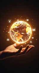 Wall Mural - glowing earth held in hand, surrounded by digital icons, symbolizing global connectivity and technol