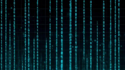 Teal digital code streams falling on dark grid