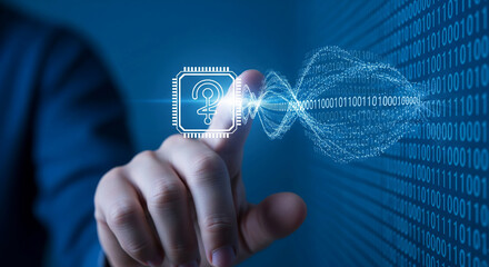 Wall Mural - fingertip interacts with digital binary code, showcasing a microchip icon symbolizing technological 