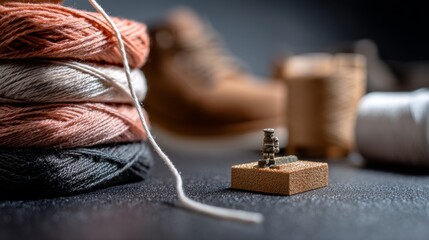  Vintage sewing tools with leather thread and spool on rustic background for tailor craft fashion photography scene
