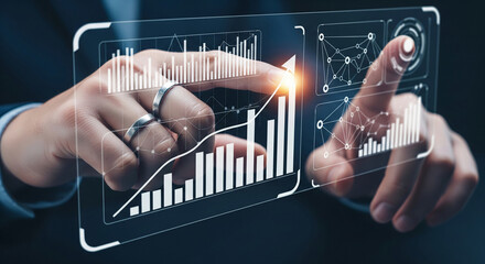 Wall Mural - hands interact with a transparent screen displaying upward trending bar graphs and network diagrams,
